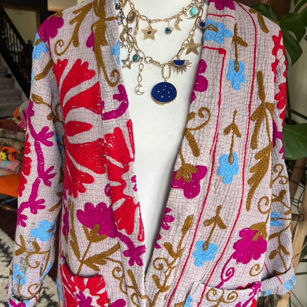 She’s1Oak Fine Kantha Suzani Embroidered Multicolor Short Jacket Kimono XS-L - Picture 6 of 16